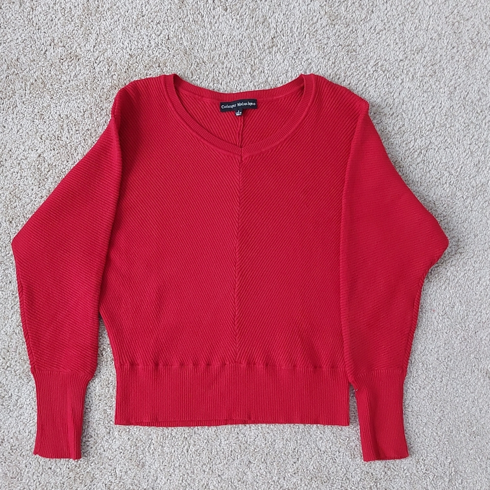 Catherine Malandrino Red V-Neck Ribbed Knit Sweater Size Small